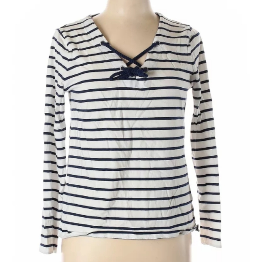 Nautica White & Navy Striped Front Tie Top